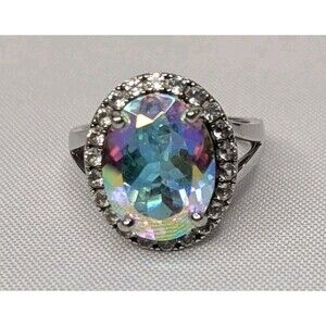 Sterling Silver Mystic Quartz & Zircon Cocktail Ring  Size 9.75
